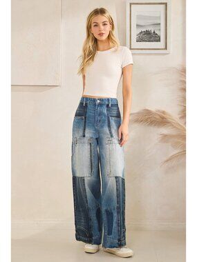 Oli & Hali NWT Blue Faded UPSIDE DOWN POCKETS Patchwork Wide-Leg Jeans